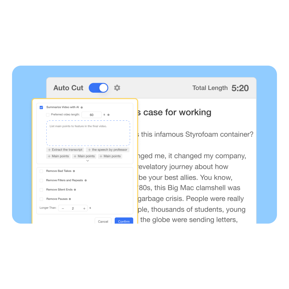 AI transcript view summarizing and removing filler for a release notes video